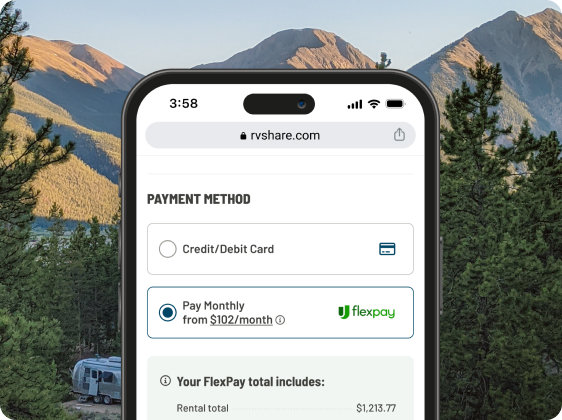 A screenshot of the Flex Pay checkout process on rvshare.com