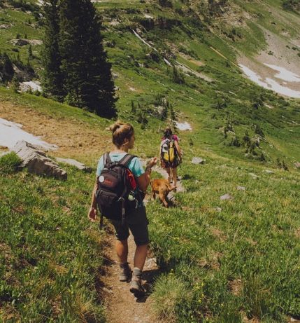 Hikers walking down a hill