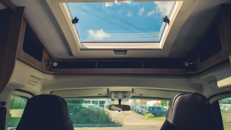 An RV skylight near the drivers seat