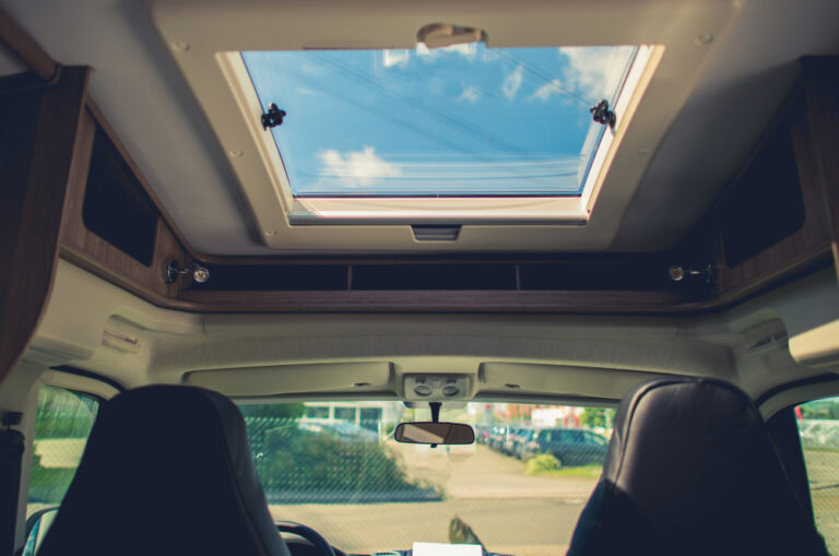 An RV skylight near the drivers seat