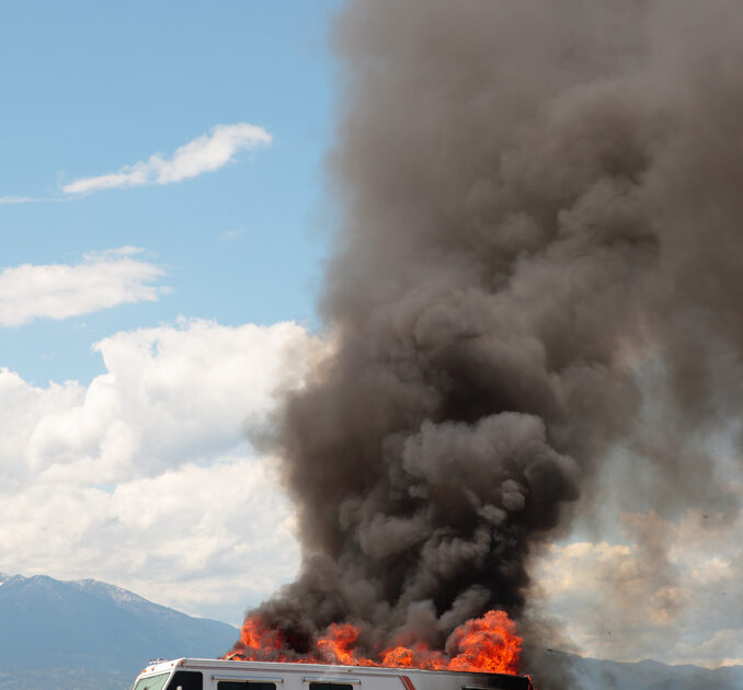 an RV camper on fire