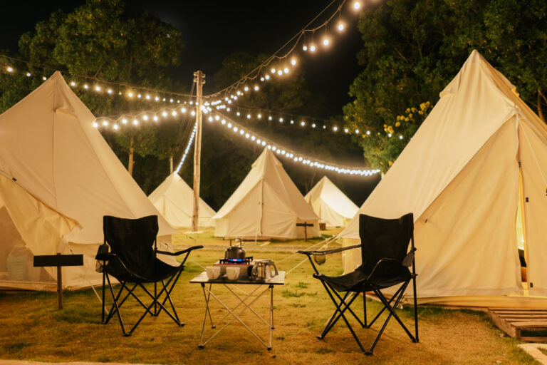 glamping teepees with fairy lights