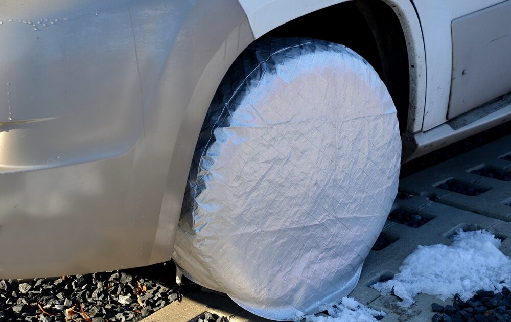 RV tire covers on an Airstream trailer