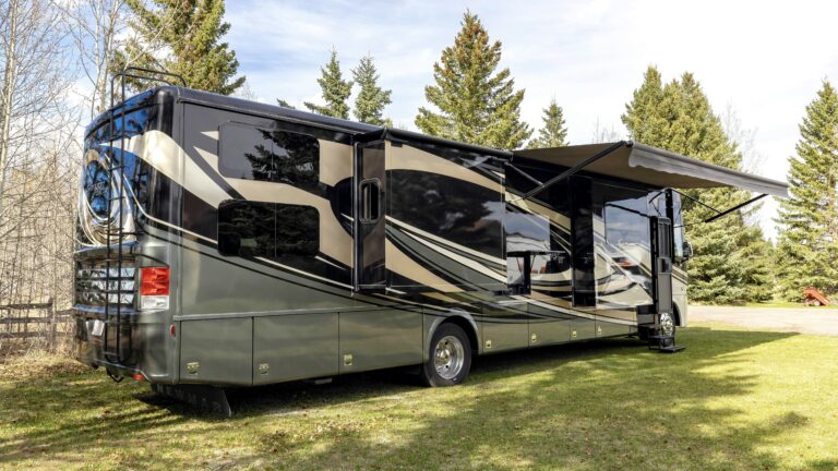 Motorhome with RV awning extended