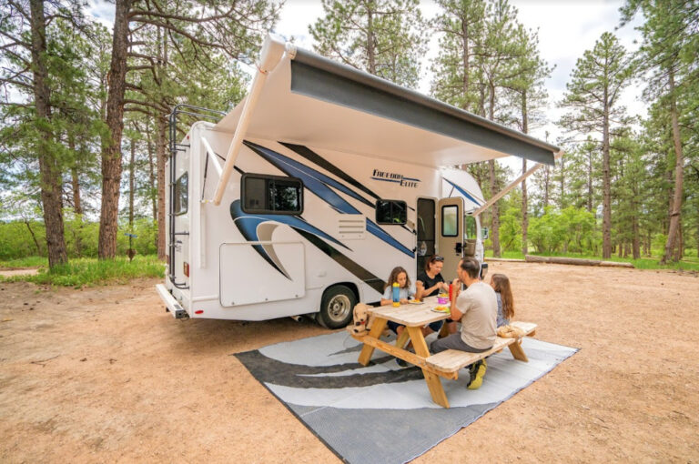 a family picnicking in front of their RV