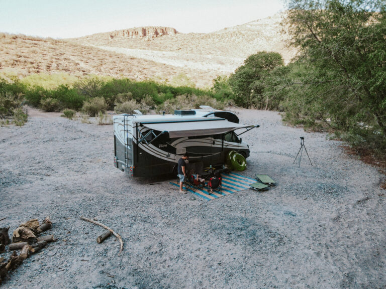 a Class C camper with an awning