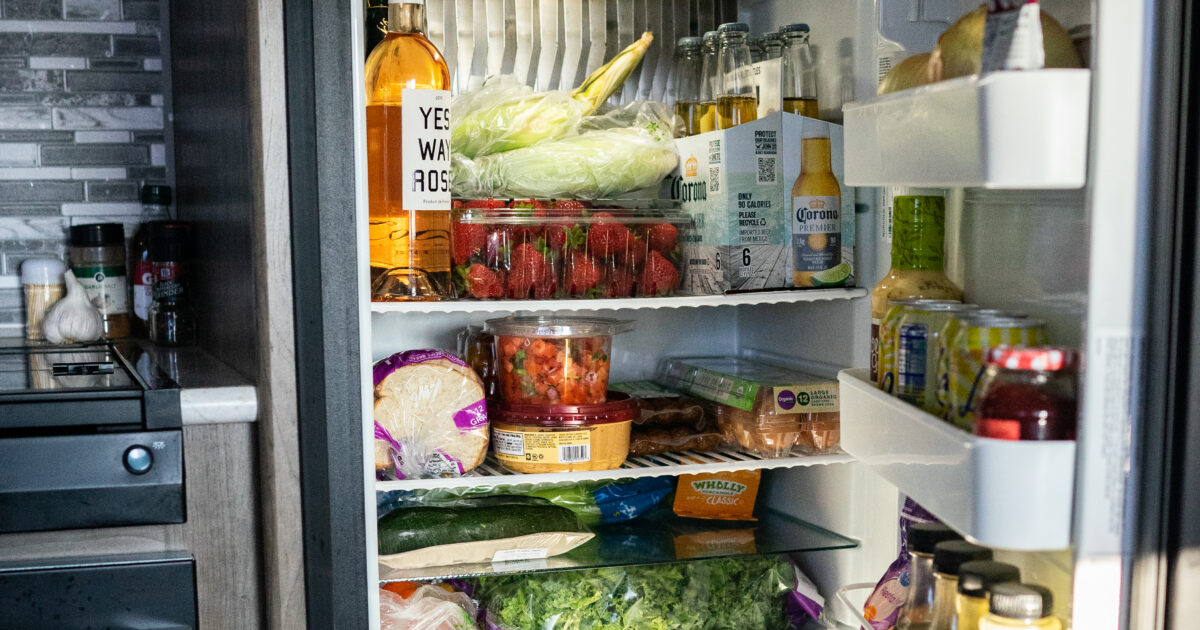 An open RV refrigerator
