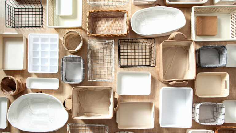 a variety of baskets and organizing containers