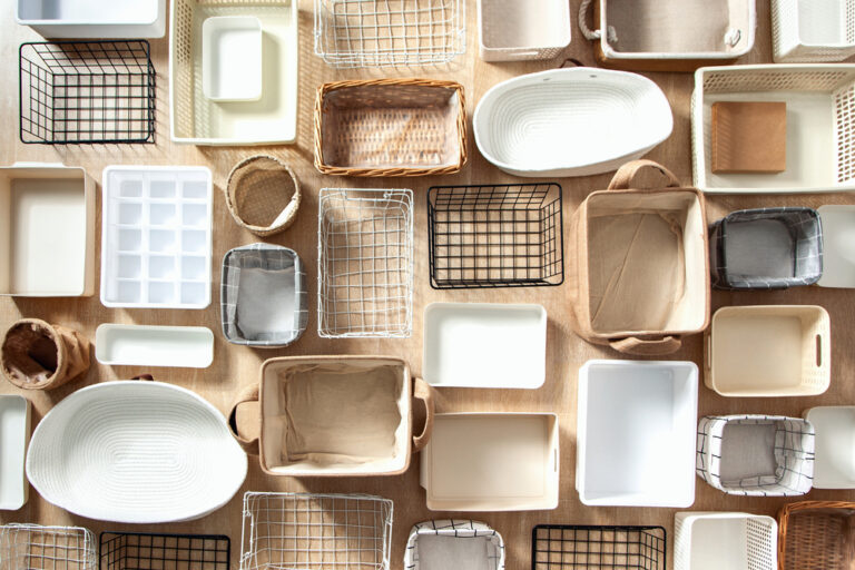 a variety of baskets and organizing containers