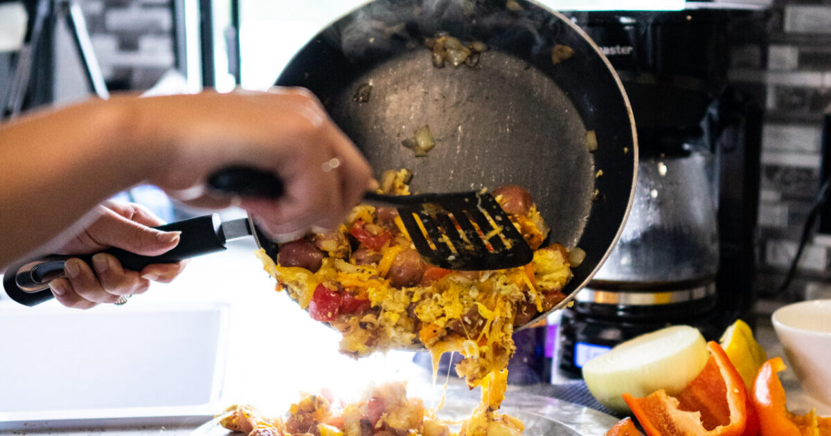 cooking scrambled eggs in an RV