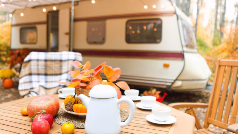 Retro trailer decorated for fall