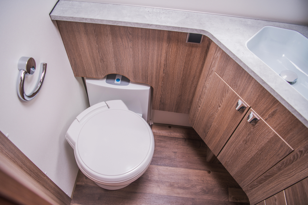 An RV bathroom with a sink and toilet