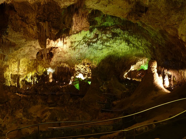 a view inside Carlsbad Caverns with lights illuminating the cavern