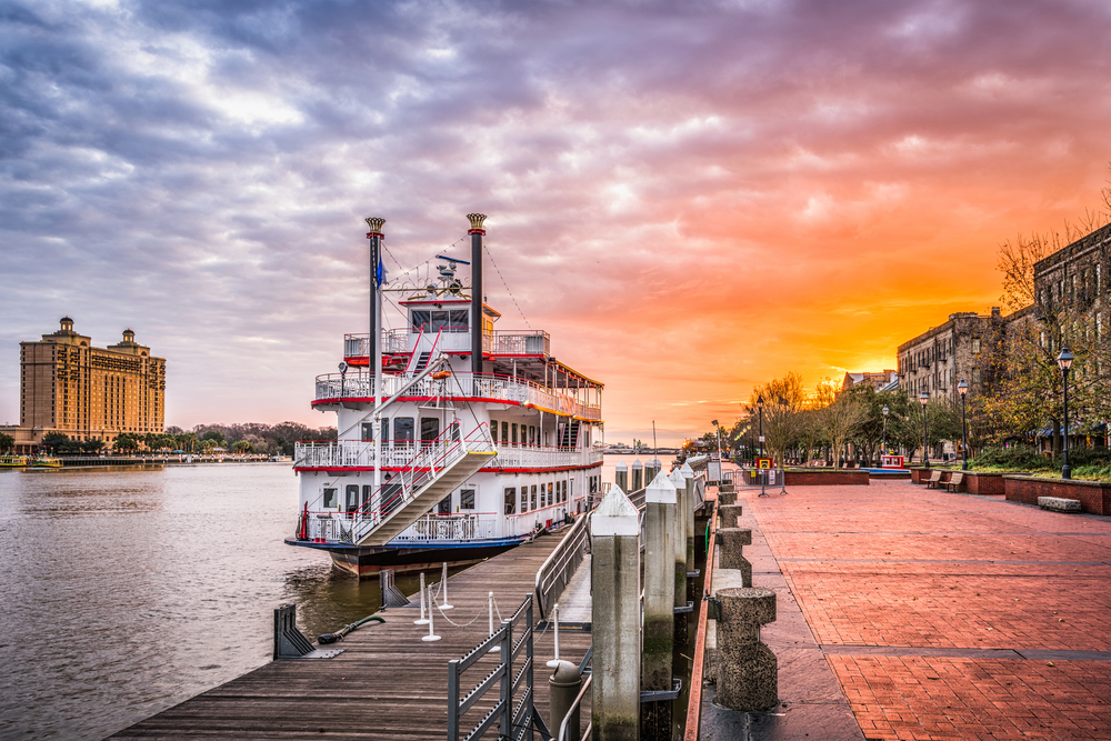 a riverboat at dawn in Savannah