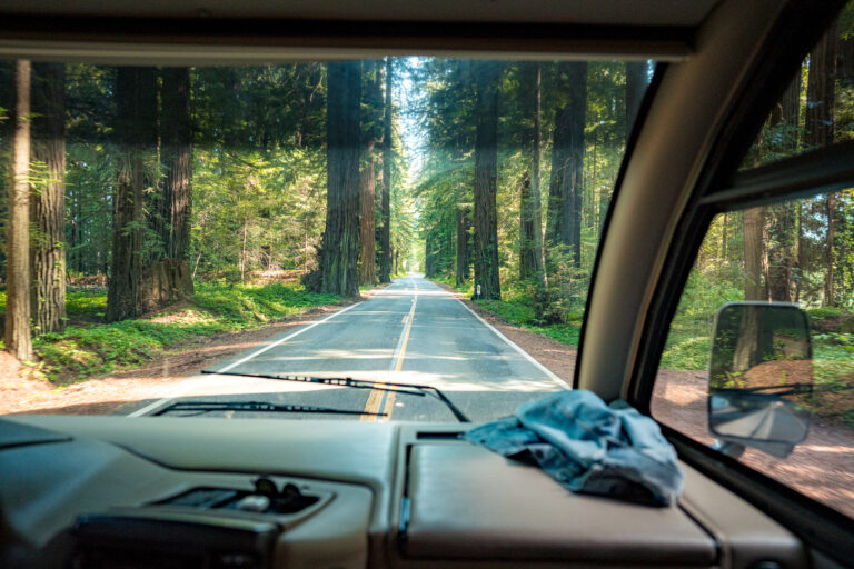 the view looking out the window of an RV