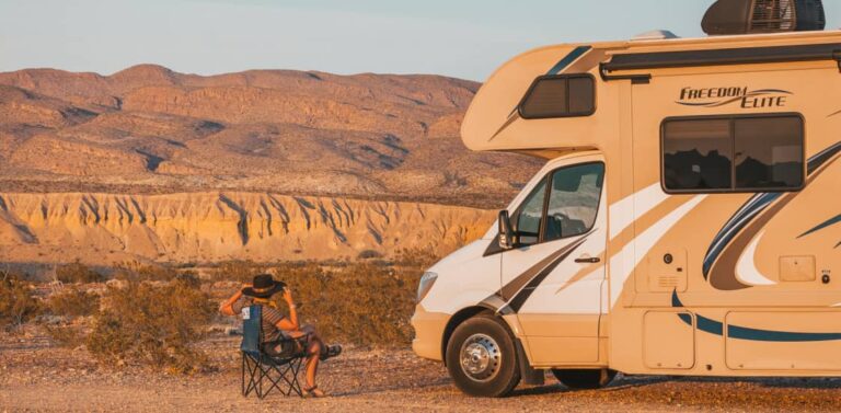 An RV camper parked in the desert