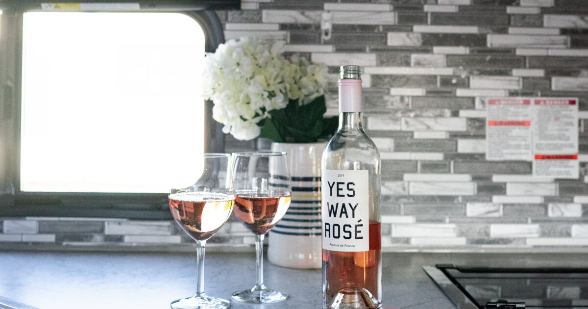 an RV kitchen with upgraded tile backsplash