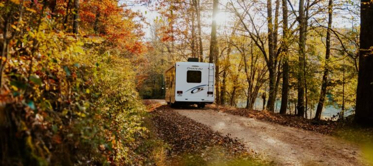 a Class C camper on a fall vacation, driving through some of the best places to visit in November