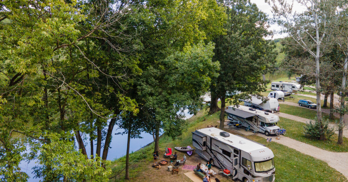 An overhead shot of RVs parked at a campground