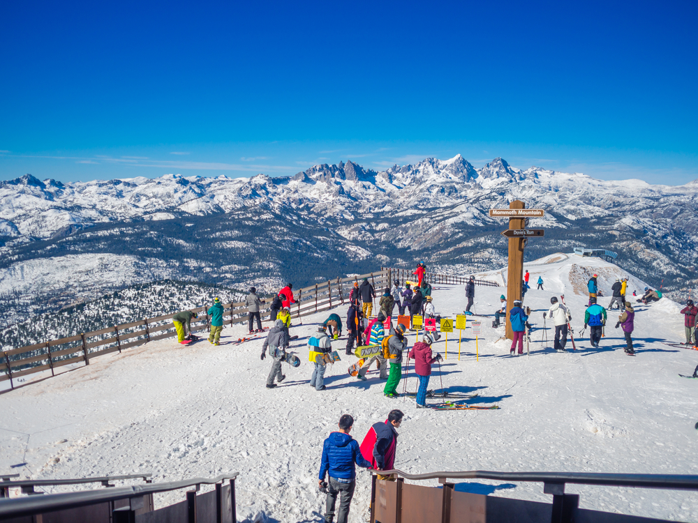 Skiers at Mammoth Mountain, getting ready to head downhill