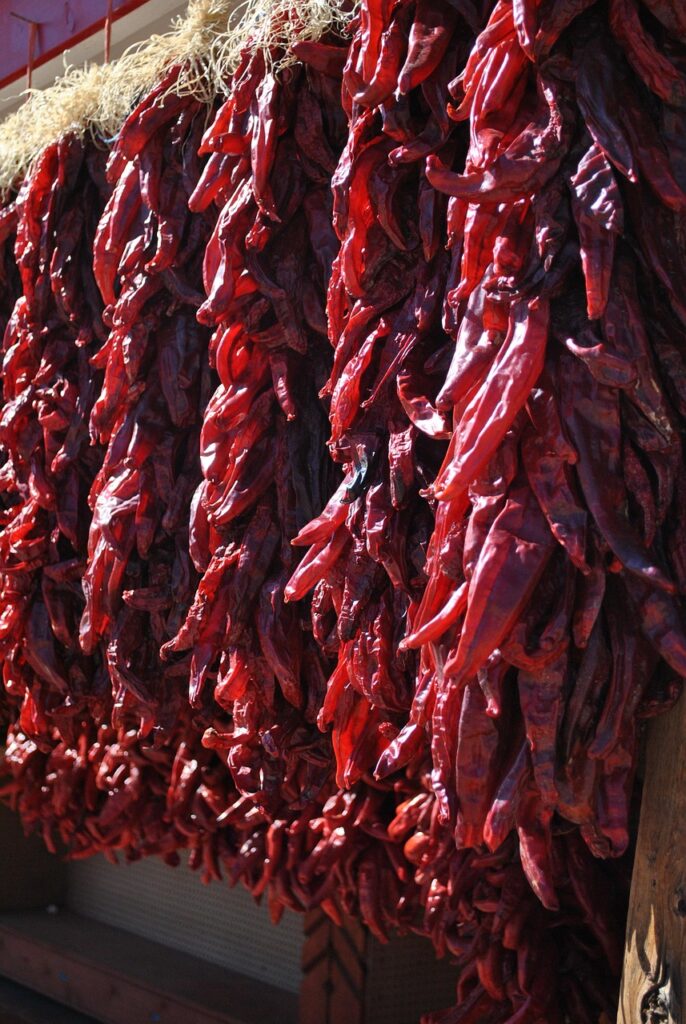 Ristras, or strings of dried chilis, hanging on a storefront in Santa Fe, New Mexico