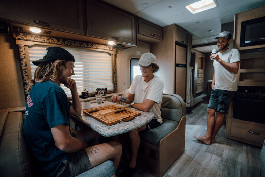 Friends playing a game of backgammon