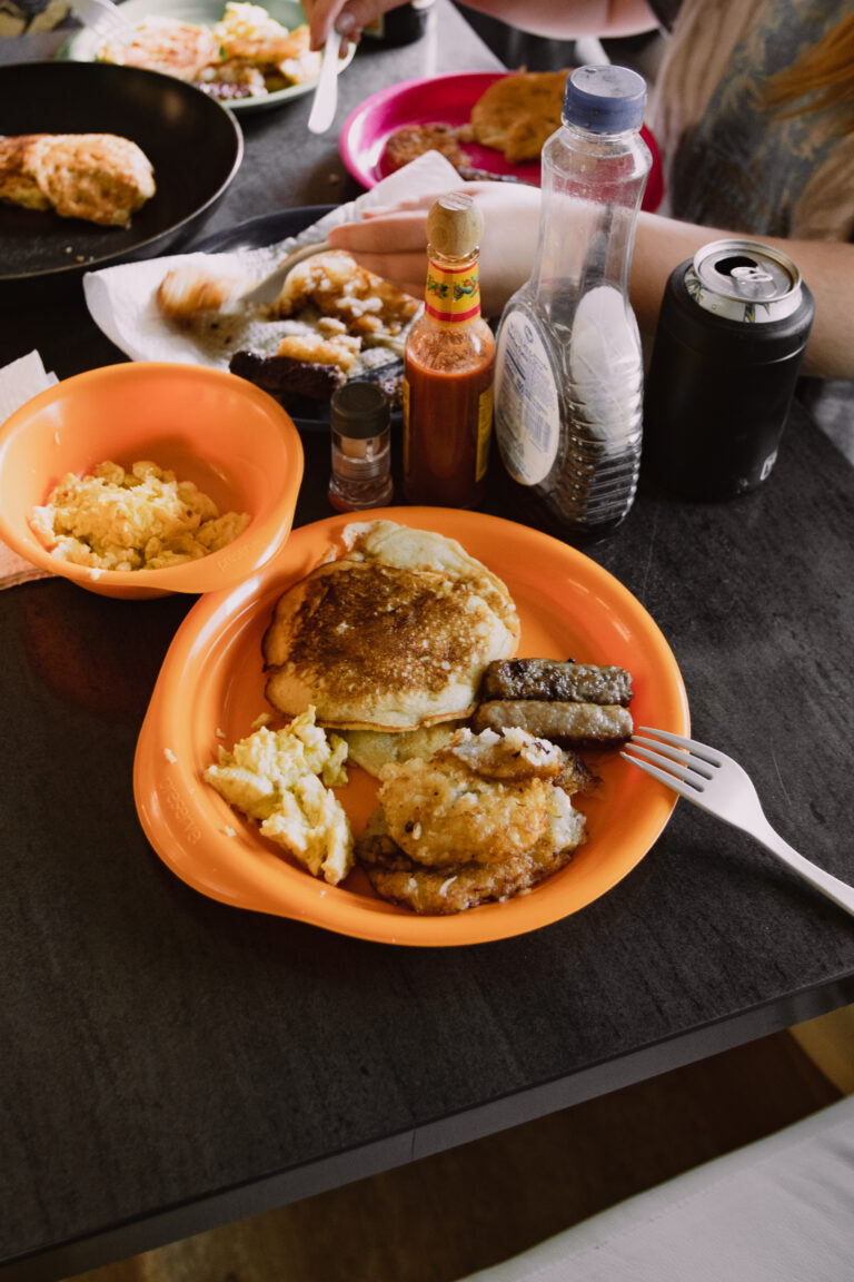 Campers eating breakfast food