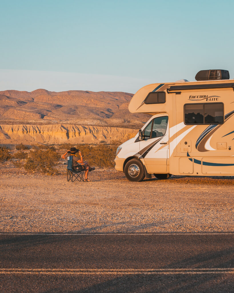 An RV just before sunset