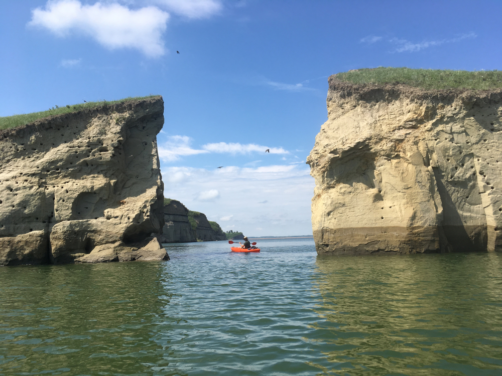 A kayaker at Government Bay Lake Sakakawea