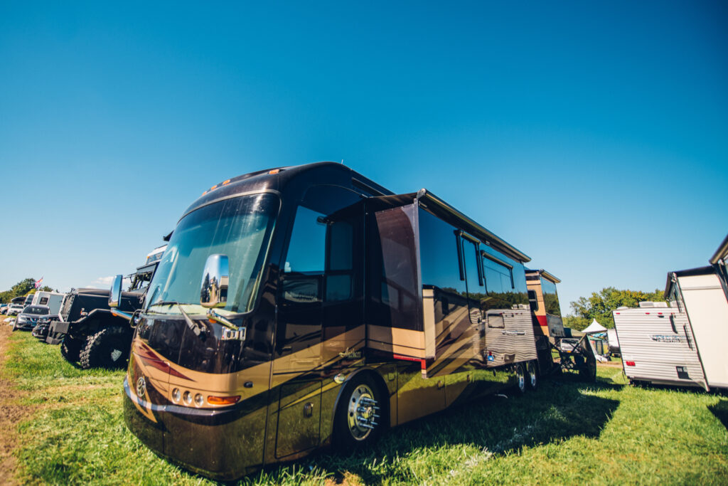 A Class A motorhome with several slideouts