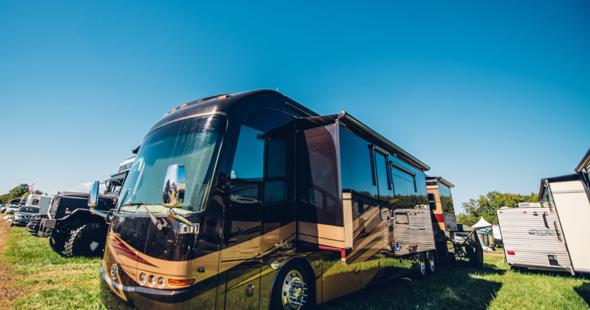 A Class A motorhome with several slideouts