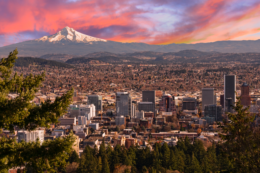 Portland at sunrise with Mt. Hood beyond