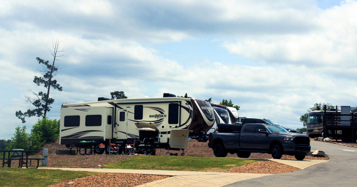 a trailer parked at an RV campground