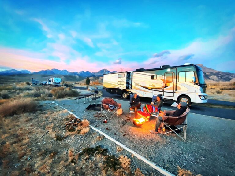 a group around a campfire in front of an RV