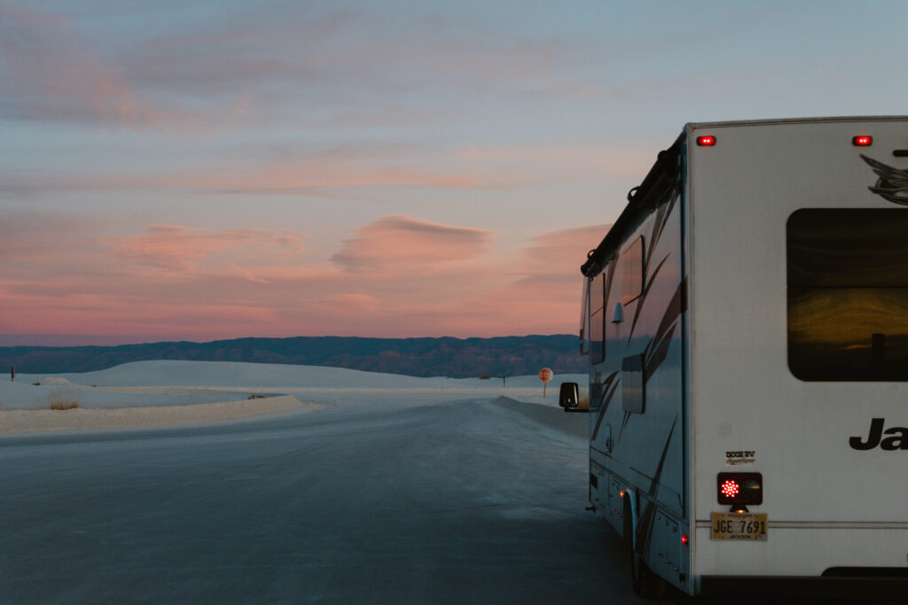 an RV on a desert road