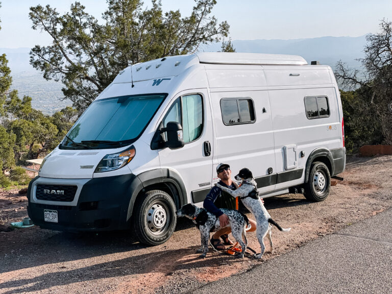 man kneeling in front of a campervan with his two dogs