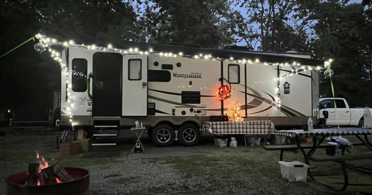 Travel trailer with some RV awning accessories