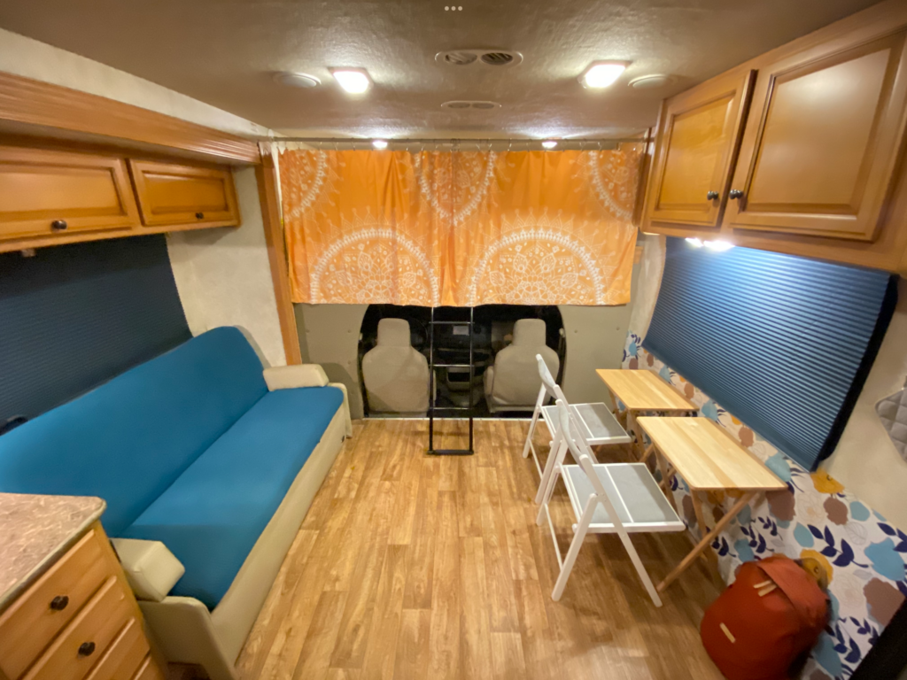 Inside of a class C RV living space. 