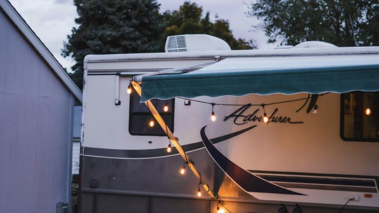 Extended RV awning on motorhome