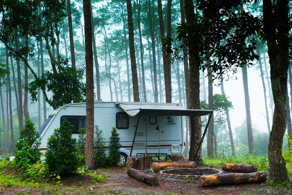 a small camper with awning