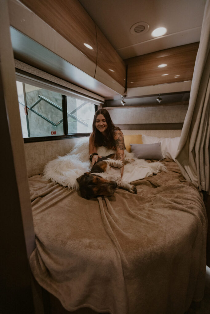 a woman on an RV bed