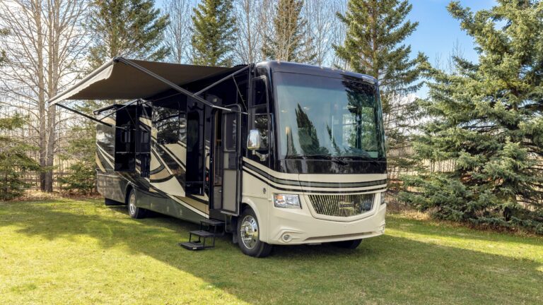 Diesel motorhome parked in the grass