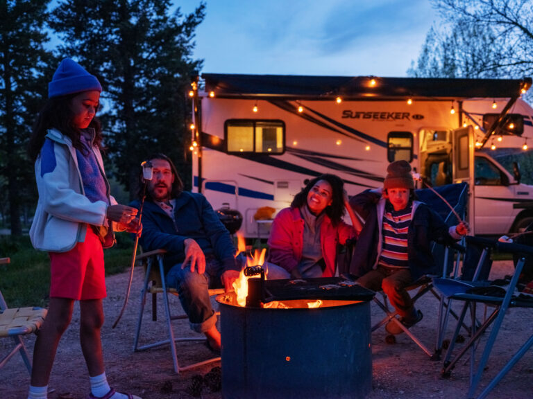 family sitting around a campfire toasting marshmallows