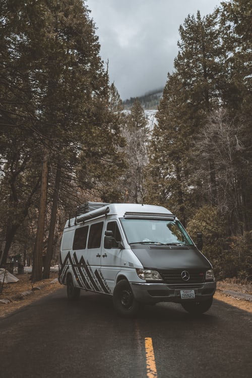 Campervan parked in the middle of a forest road