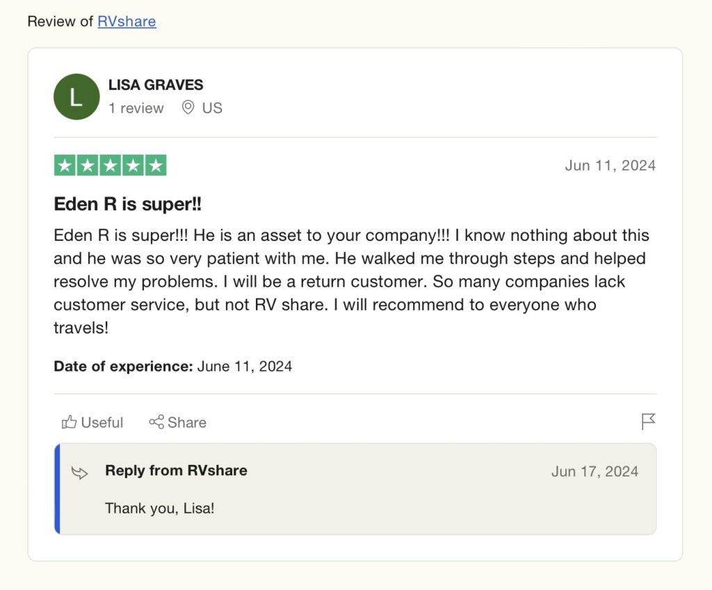 Screenshot of a review of RVshare