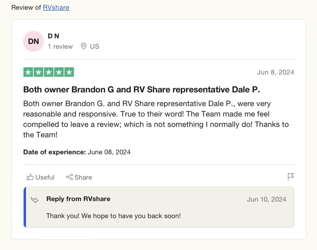 Screenshot of review of RVshare