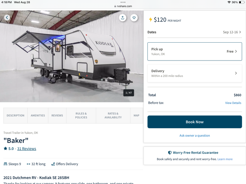 RVshare RV info page before your rent an RV