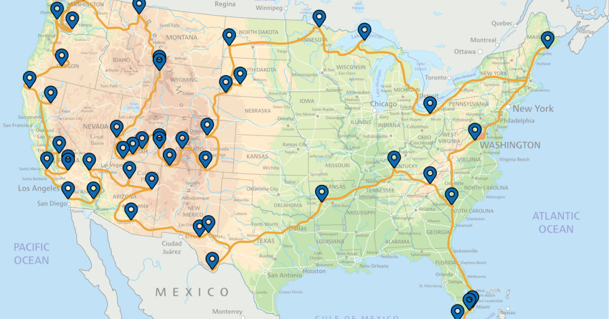 map of the u.s. with national parks plotted