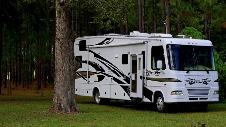 RV parked in the woods