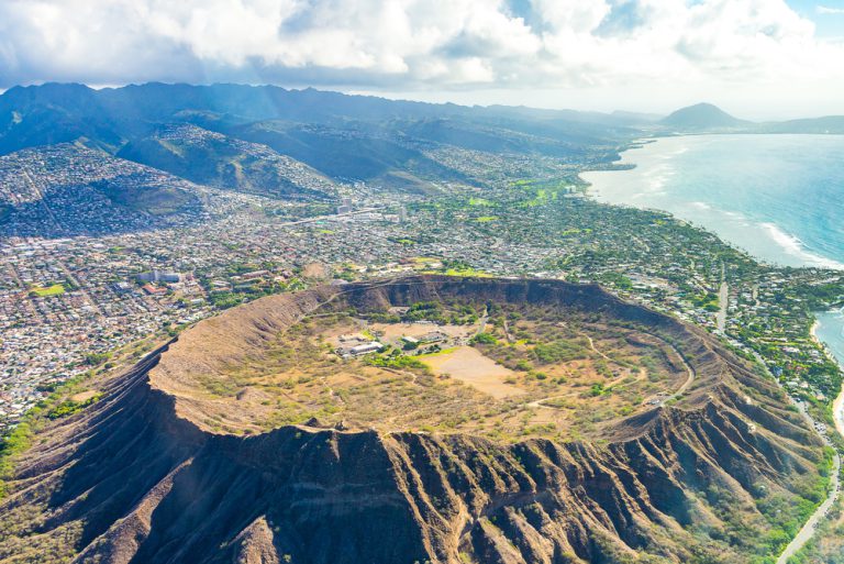 Absolutely amazing aerial view on the Hawaii island with a Diamond head crater and Honolulu city skyline view. I